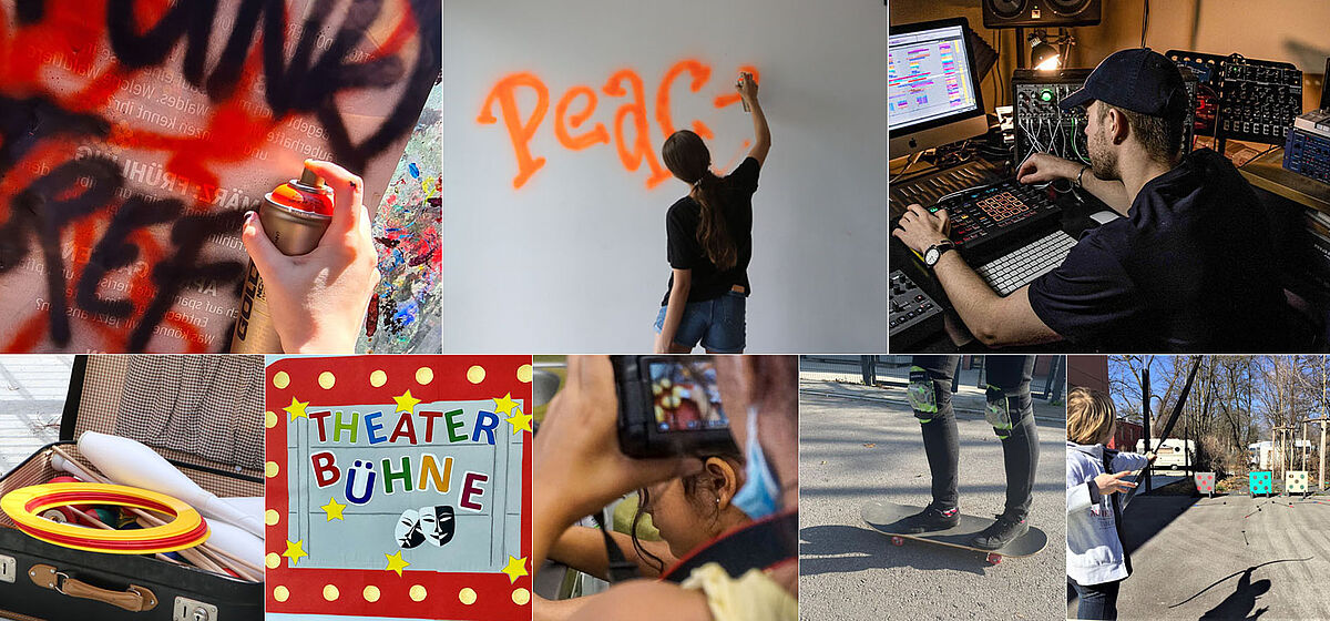 Feierwerk Funkstation Osterferienprogramm - Eindrücke: Nahaufnahme beim Graffiti-sprühen (links oben), Madchen von hinten beim Graffit-sprühen (mitte oben), Dominik Oberhauser beim Beats machen (rechts oben), Zirkus in der Kiste (erstes von links unten), Theaterbühnen Schild (zweites von links unten), Kinder beim Fotografieren (mitte unten), Beine die auf einem Skatboard stehen (zweites von rechts unten), Kind beim Bogenschießen (erstes von rechts unten)